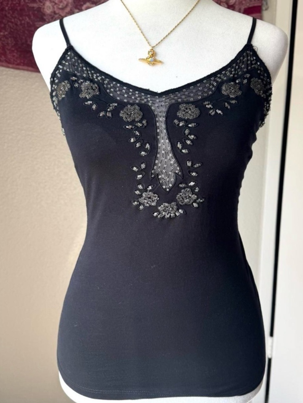 Passport Black Beaded Y2K 2000s Whimsigoth Women's Medium Comfy Cami Top